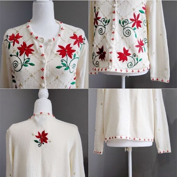 Ugly Christmas Beaded Embroidered Holiday Poinsettia Cardigan Size LP - Picture 7 of 8